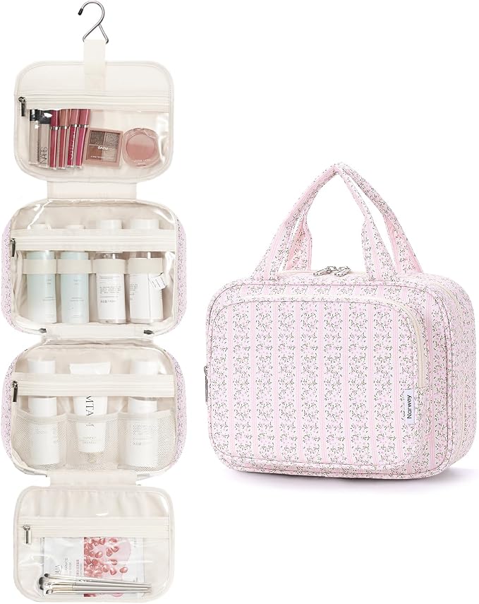 Hanging Toiletry Bag for Women Travel Makeup Bag Organizer Toiletries Bag for Travel Size Essentials Accessories Cosmetics (Pink Flower Buds (Medium))