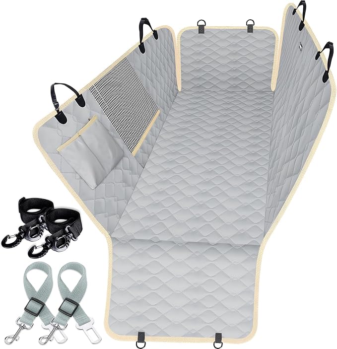 Dog Car Seat Covers for Back Seat with 2 Seat Belts, Waterproof Dog Car Hammock with Mesh Window Durable Scratch Proof Nonslip Pet Carseat Covers Universal Fit Protector for Cars, Trucks & SUVs