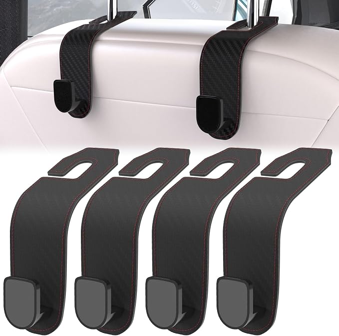 4 Pcs Seat Headrest Hook for Car, Seat Back Hanger Holder Hooks, Hanger Storage Organizer for Purse Bags Coat, Car Interior Accessories Leather Hidden Hook