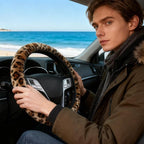 Brown Leopard Print Fuzzy Steering Wheel Cover for Women, Universal Auto Steering Wheel 14-15 Inch Soft Warm Car Interior Accessories with 2PCS Car Coasters, Suitable for Men and Women