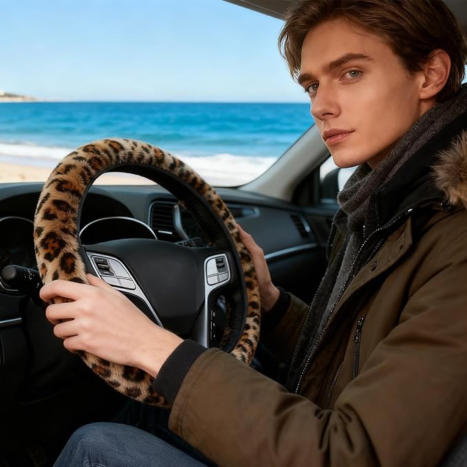 Brown Leopard Print Fuzzy Steering Wheel Cover for Women, Universal Auto Steering Wheel 14-15 Inch Soft Warm Car Interior Accessories with 2PCS Car Coasters, Suitable for Men and Women