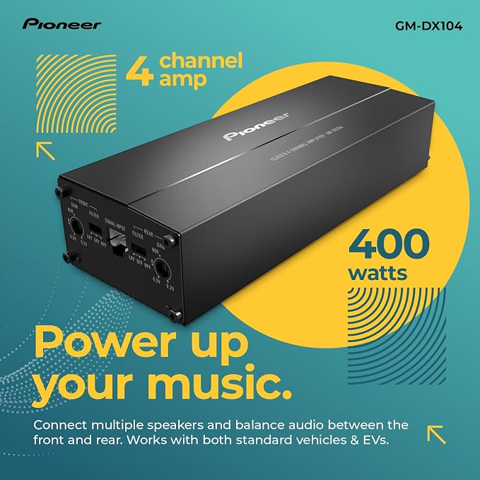 GM-DX104 4-Channel Car Amplifier – 400W Max, Efficient Class D, Bridgeable Design, Hi-Res Certified, Gold terminals, Clean Output, Low Interference