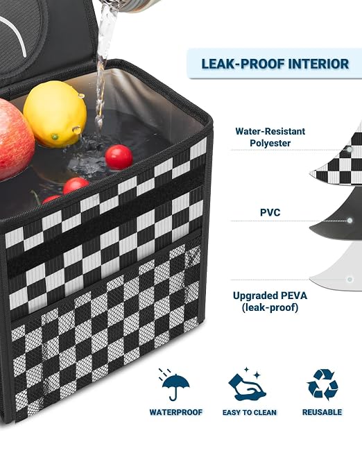 Car Trash Can with Lid, Leakproof Car Trash Bag Hanging Waterproof Automotive Garbage Can with Storage Pockets Mini Vehicle Trash Bin for Back/Front Seat(Black Square Grid,2.5 Gallon)
