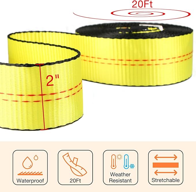 Tow Strap Heavy Duty 2" x 20 Ft,20,000 lbs Break Strength Reinforced Tree Saver Straps,Use for Emergency Towing Rope,Vehicles,Boats,Jet Ski,4x4 Off Road Tow Truck Camper Accessories Travel Essentials