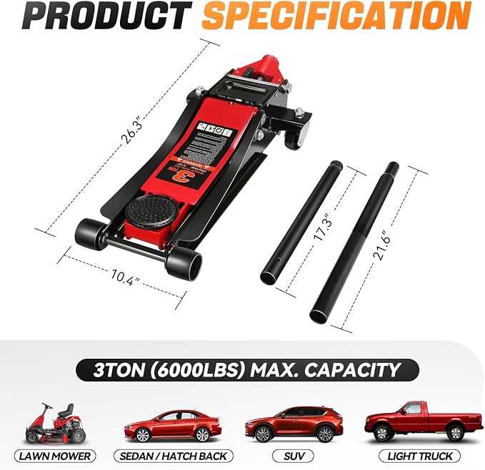 3 Ton Low Profile Floor Jack, Heavy Duty Steel Hydraulic Car Jack with Dual Pistons Quick Lift Pump, Hydraulic Racing Floor Jack, Lifting Range 3" to 20", Black/Red