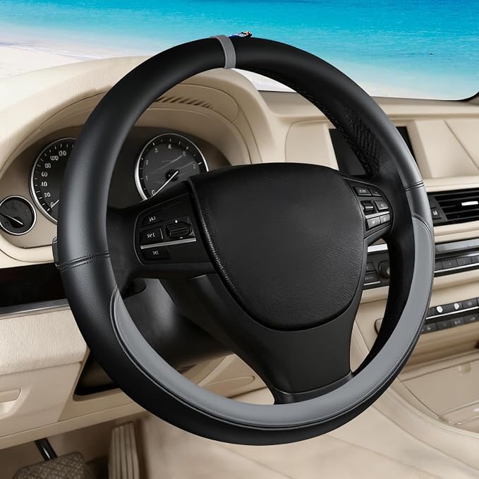 Black Gray Car Steering Wheel Cover, Nappa Leather, Bottom Color Blocking, Universal 14.5-15 Inch Leather Anti-Slip Breathable Auto Steering Wheel Covers for Men Women