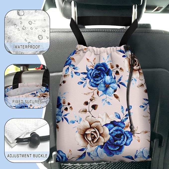 Car Trash Bag Hanging Back of Seat Waterproof Small Cute Printed One-Handed Strap Drawstring Garbage Bags for Car-Blue Rose