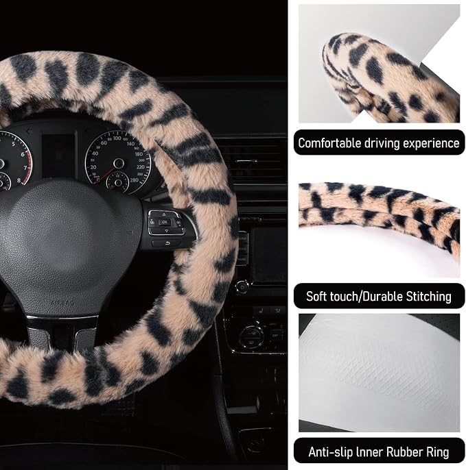 Steering Wheel Cover, Fluffy Car Wheel Covers for Women/Girls/Ladies，Soft Wool Fur Steering Wheel Protector, Universal 14 1/2 inches to 15 inches - White