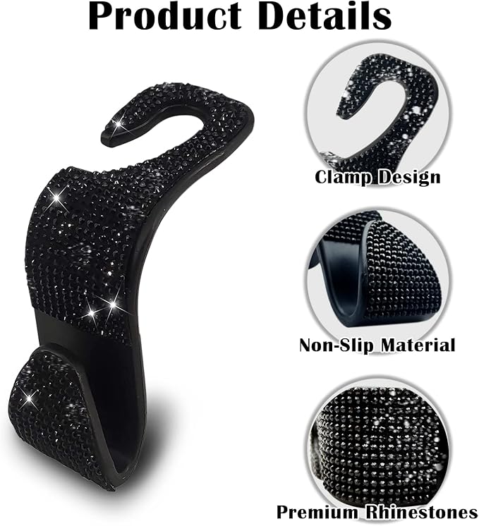 2PCS Car Seat Hooks - Bling Rhinestone Headrest Hooks with Universal Design - Perfect for Holding Handbags, Clothes, Purses, and Water Bottles - Black