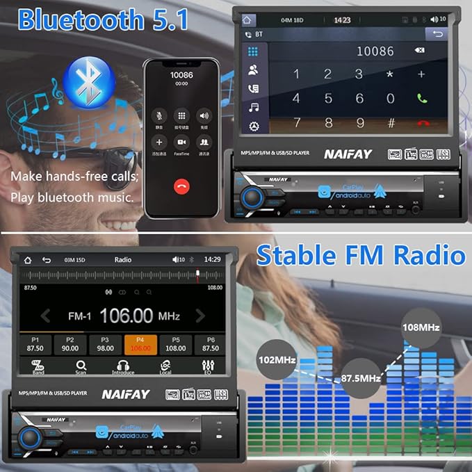 Single Din Touchscreen Car Stereo with Carplay & Android Auto, 7inch Flip Out Screen Car Stereo with Bluetooth Car Audio Receivers, Backup Camera, FM Radio/Mirror Link/USB/AUX/TF/Subwoofer
