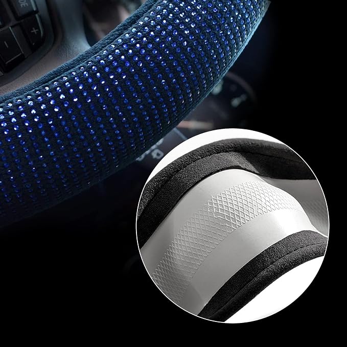 Steering Wheel Cover for Women Men Bling Bling Crystal Diamond Sparkling Car SUV Wheel Protector Universal Fit 15 Inch (Black with Blue Diamond,Standard Size(14" 1/2-15" 1/4))