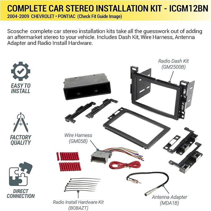 ICGM12BN Double DIN Radio Install Dash Kit Compatible with Select 2004-09 Non-Amplified Chevrolet and Pontiac Vehicles - Complete Car Stereo Installation Kit - See Vehicle Fit Guide in Images