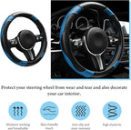 Car Steering Wheel Cover, 15 Inch Anti-Slip Stretch Leather Steering Wheel Protector, Comfortable Breathable Sporty Steering Wheel Cover for Women Men, Car Accessories (Black & Blue)