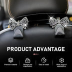 2PCS Bling Bow Car Seat Headrest Hooks, S Type Cute Bow Car Seat Back Hanger Storage for Purses Bags Grocery, Crystal Rhinestone Vehicle Rear Seats Organizer, Universal for Most Cars (Black)