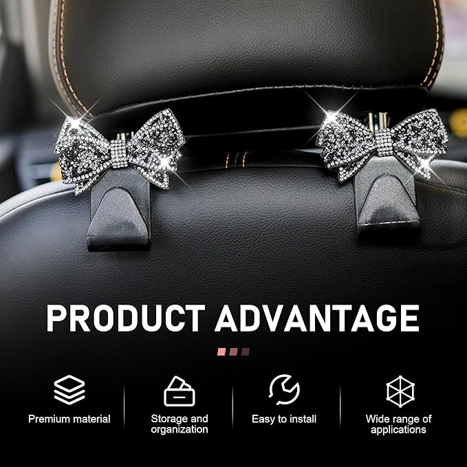 2PCS Bling Bow Car Seat Headrest Hooks, S Type Cute Bow Car Seat Back Hanger Storage for Purses Bags Grocery, Crystal Rhinestone Vehicle Rear Seats Organizer, Universal for Most Cars (Black)