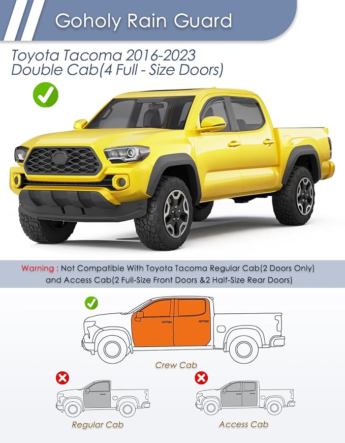 in-Channel Window Rain Guard for Toyota Tacoma 2016-2023 Double Cab Rain Guards Side Truck Window Visors Low Profile Vent Visor Window Deflectors Vent Shades Car Accessories