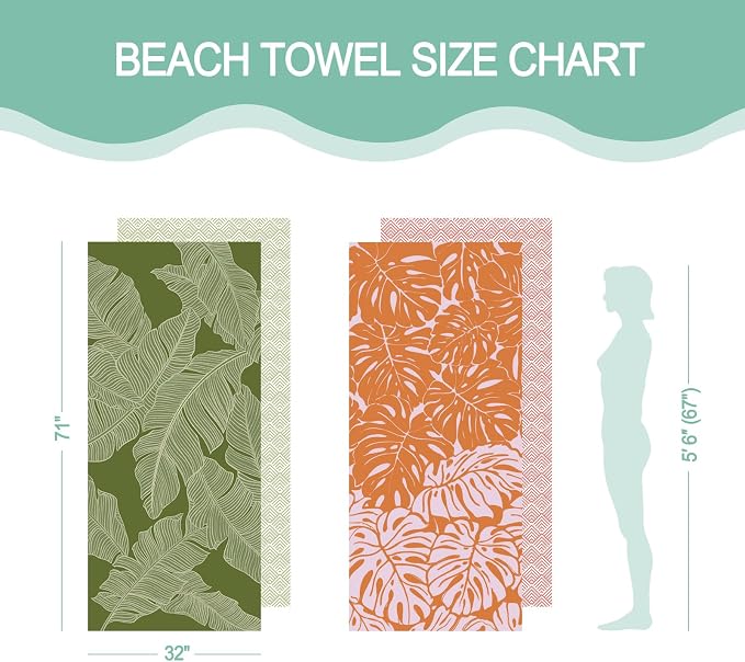 2 Pack Microfiber Beach Towel, Quick Dry Travel Towel Large Sand Free Towel for Beach, Camping, Swim Pool, Gym, Sports& Yoga 71"x32", Palm