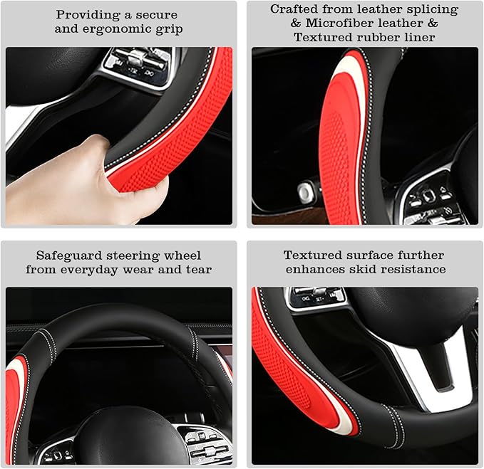Leather Splicing Black Red White Car Steering Wheel Cover,14.5-15 Inch Universal Microfiber Leather Covers Breathable Anti-Slip Odorless Steering Wheels Accessories for Men Women