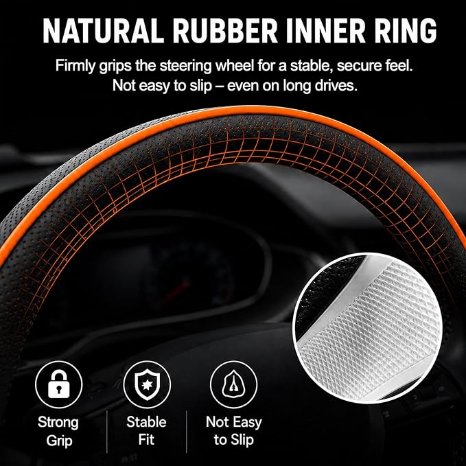 Car Steering Wheel Cover Full Surround - Soft Breathable Anti-Slip Heavyweight Safety Cover, Thick Cushioned Sports Style Universal Fit for Auto Truck SUV (Black/Orange)