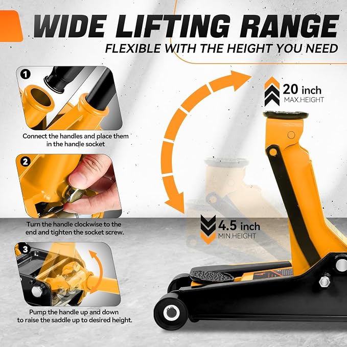 4 Ton Low Profile Floor Jack, Heavy Duty Steel Hydraulic Car Jack with Dual Pistons Quick Lift Pump, Hydraulic Racing Floor Jack, Lifting Range 4.5" to 20", Orange