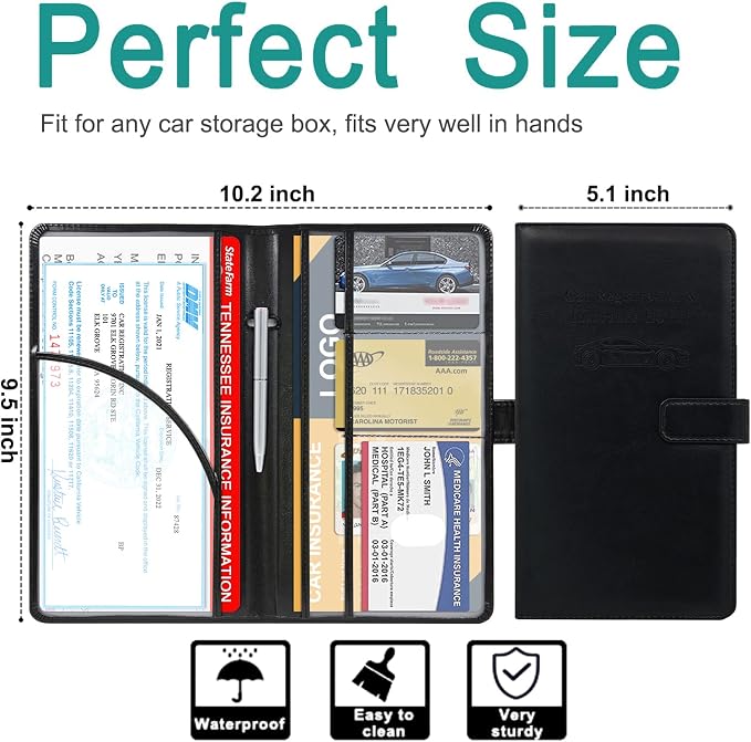 Car Registration and Insurance Holder, Leather Car Glove Box Organizer, Cool Car Accessories for ID, Driver's License Cards & Essential Document, Men&Women, Black