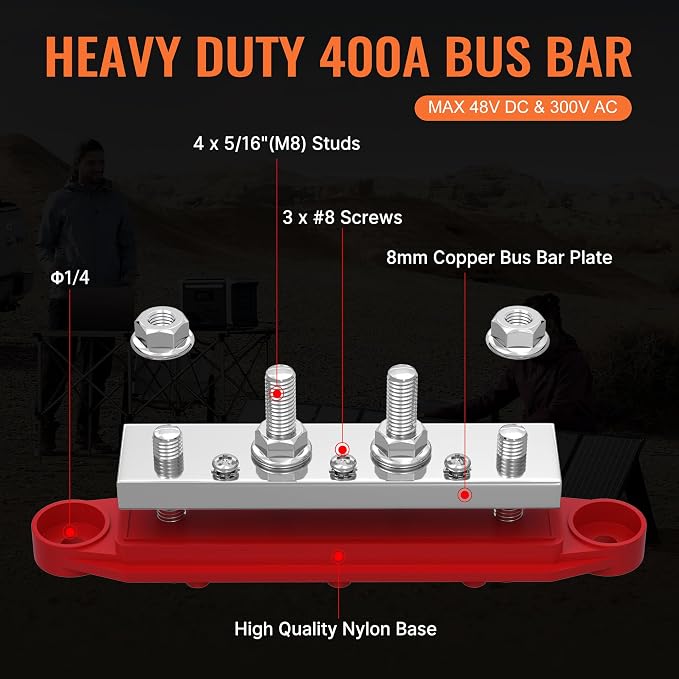 400A Power Distribution Block 12V Bus Bar with 4 x 5/16"(M8) Studs Battery Bus Bar 48V DC Marine Terminal Block for Automotive Car Solar - Negative&Positive