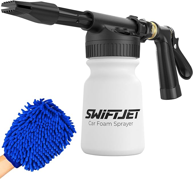 Car Wash Foam Gun + Microfiber Wash Mitt - Works with Any Soap - Garden Hose Car Foam Sprayer - Foam Cannon Car Wash Kit - Car Accessories Foam Blaster (Black Foam Gun with Mitt)