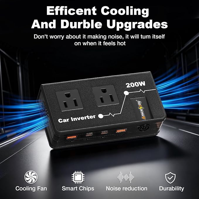 200W Car Power Inverter, Amcelooy Dual DC 12V to 110V AC Car Outlet Adapter to Wall Plug, Fast Charging 24W USB-C & USB Ports,Car Charger Cigarette Lighter Adapter for Phone,Laptop on Road Trip(Black)