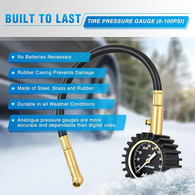 Tire Pressure Gauge 100PSI Heavy Duty Large 2" Glow Dial ANSI B40.1 Certified Air Chucks Accurate Reading with Extended Hose for Truck Semi Truck ATV Motorhome Cars & RV Accessories
