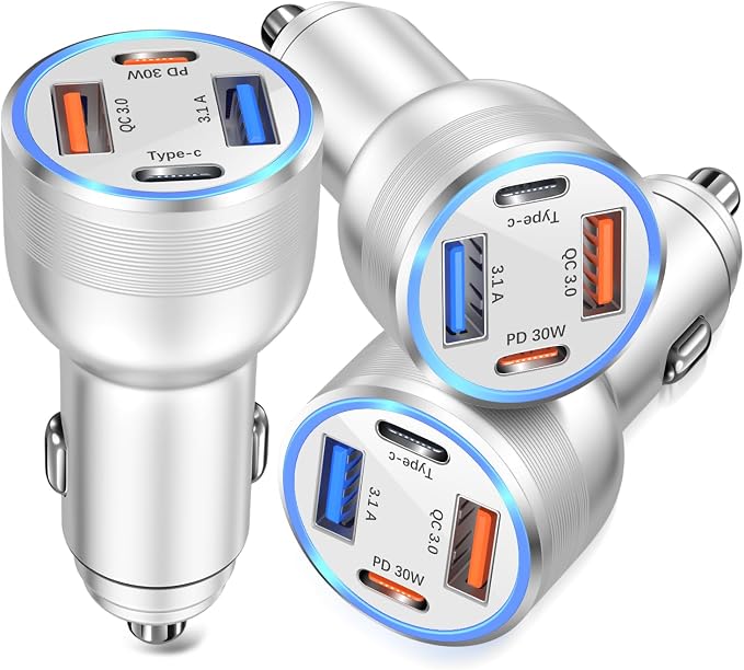 USB C Car Charger, 3 Pack 65W 4 Ports 12V USB C Cigarette Lighter Adapter QC 3.0&PD 30W Super Fast Type C Car Phone Charger for iPhone 15/14/13/11/iPad Pro,Samsung,Android(Silver)