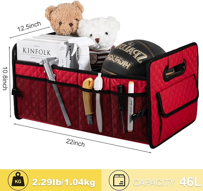 Car Trunk Organizers and Storage for SUV, Collapsible Multi Compartment Container Box Adjustable Car Accessories for Women Men, Red