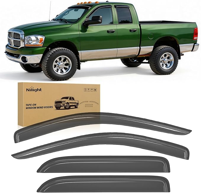 Tape on Rain Guards for Dodge Ram 1500 Quad Cab 2002-2006 2007 2008, Window Deflectors Window Visors for Fresh Air Circulation, Smoke Tinted, 4PCS