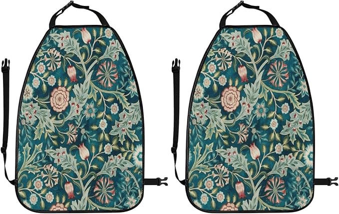 William Morris Teal Green Blue Vintage Floral Botanical Pattern Car Seat Back Kick Protectors Kick Mats With Storage Pockets For Vehicles To Protect From Dirt Mud Scratches 2 Pack
