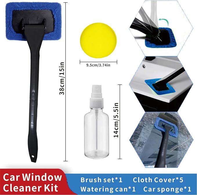 8pcs Car Windshield Cleaning Tool, Windshield Cleaner with with 5 Little Microfiber Pads that can be Washed/reused, Window Cleaner Tool, for Auto Glass Wiper (bule01)