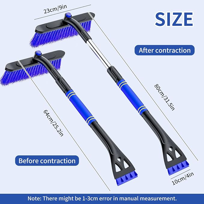 31.5" Snow Brush & Ice Scraper for Car Windshield, 3 in 1 Extendable Snow Brush with Squeegee, Detachable Snow Removal Tool with Comfortable Ergonomic Foam Grip for Cars, Suvs, Trucks, RVs