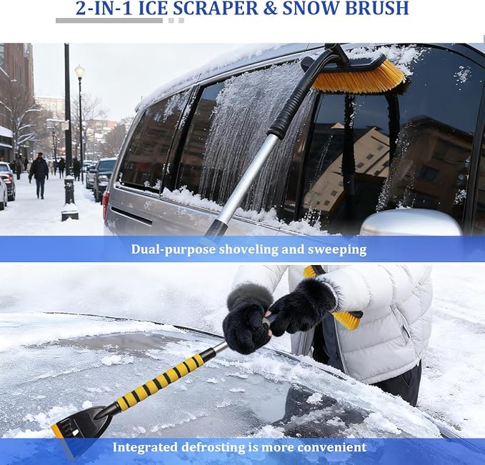 Car Snow Brush and Ice Scraper, 2 in 1 Detachable Aluminum Vehicle Snow Removal Tool with Ergonomic Foam Grip for Windshield, Automotive Ice Shovel Accessories, Universal Fit (Yellow/Black)