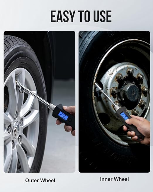 Digital Tire Pressure Gauge, Heavy Duty Stainless Steel Dual Head Tire Gauge 0-230 PSI with Flashlight & Backlit LCD, Car Accessories for RV Truck & Cars