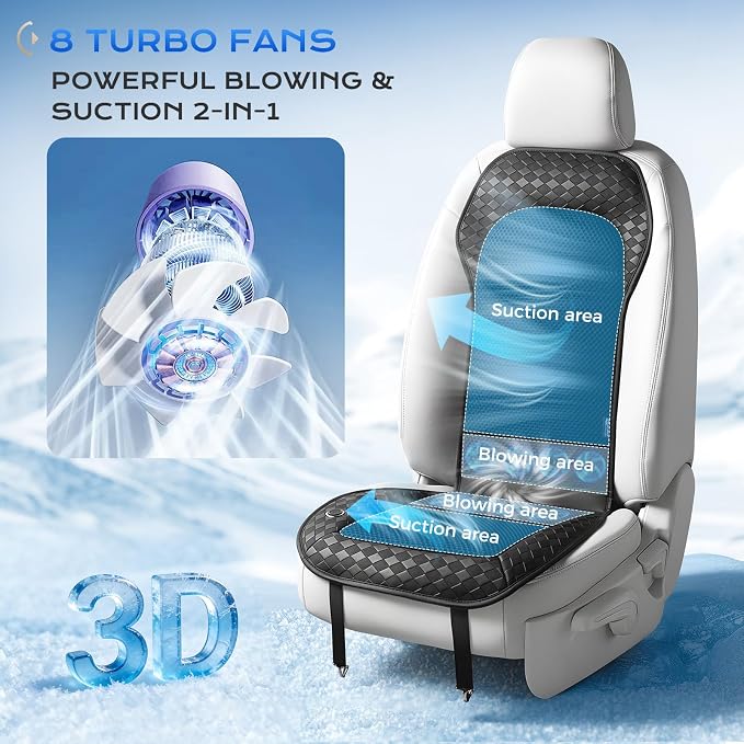 Coverado Upgraded Cooling Car Seat Cover，12V-24V Ventilated pad Built with 8 Turbo Fans, 3-Speed Dual Blowing & Suction for Effective Cooling Universal Black Cushion, Great for Summer Driving