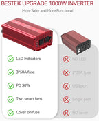 1000W Car Power Inverter, DC 12V to 110V Car Power Converter with 2 AC Outlets/30W PD USB-C/18W Quick USB A Charge Multi-Protection 1000 watt Power Inverter for Vehicles/Car/RV/Home