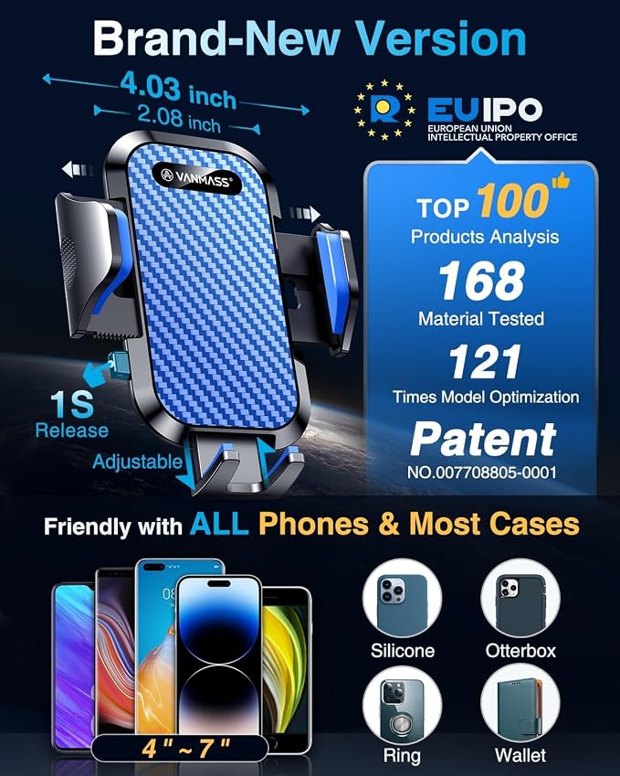 Phone Holders for Your Car 2026 Ultimate Phone Mount Military-Grade Windshield Dashboard Vent【Newest Best Strongest】 Cell Phone Car Mount for iPhone 16 Pro Max 15 Samsung Android,Blue