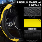 Car Steering Wheel Cover, 15 inch Carbon Fiber Microfiber Anti-Slip Breathable PU Leather Elastic Steering Wheel Protector, Car Interior Accessories for Most Cars (Yellow)