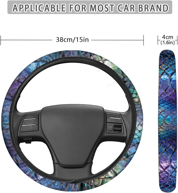 Auto Steering Wheel Covers Comfort Anti-Slip Safety Stretch-on 14-15 inch, Colorful Snake Skin Easy Fix Machine Washable Steering Wheel Protection