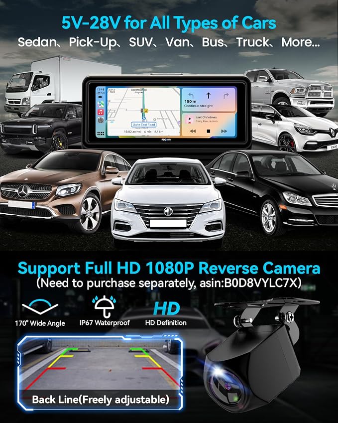 Portable Apple Carplay Screen for Car, Touch Screen with Wireless Android Auto, Car Audio Receivers with Voice Control, Mirror Link, Music Play, GPS Navigation, Built-in Customized Speakers (Black)