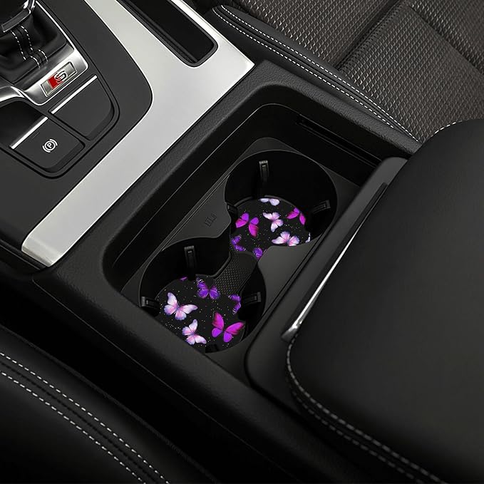 Butterfly Purple Steering Wheel Cover Set + Butterflies 2 Car Coasters | Cute Fashion Car Accessories, Breathable Anti-Slip, Universal 14-15 Inch, Neoprene Coasters, Gift for Women Men