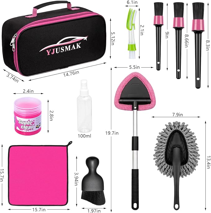 Windshield Cleaning Tool, 13PCS Car Detailing Kit Interior Cleaner, Car Window Cleaner with Extendable Handle, Car Interior Cleaning Kit with Detailing Brushes for Women Men (Pink)