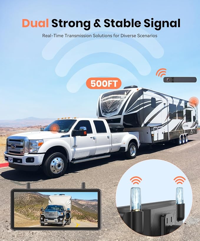 7.2" DVR Portable Solar Wireless Backup Camera:HD 1080P 2 Min Quick Installation Support 2 Split Screen Back up Camera, IP69K Waterproof Reverse Camera for Car, Van, SUV, Truck, Trailer