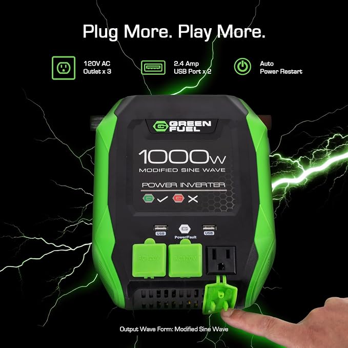 1000W Power Inverter 2000W Peak, DC 12V to 3X 120V AC | 3X AC, 2X 2.4Amp USB, Mounting Brackets and Clamps Included, RV, Car, Truck, Camping, Outdoor, Emergency, Portable