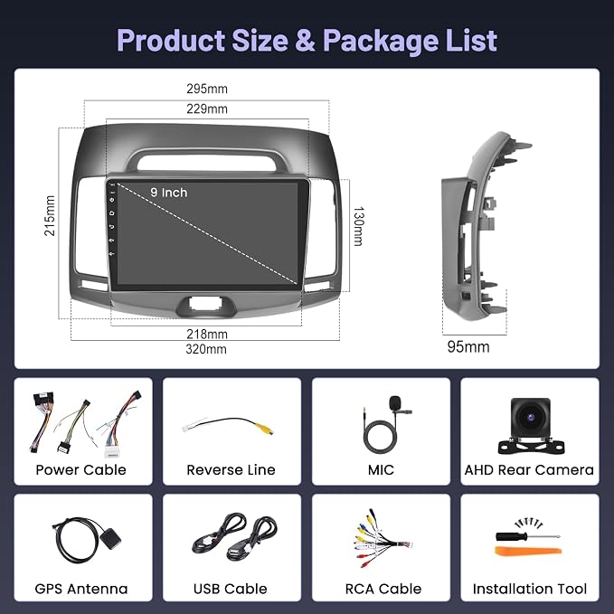 4+64G Android 15 Car Stereo for Hyundai Elantra 2007 2008 2009 2010 Wireless Carplay Android Auto 9 Inch IPS Touch Screen Car Radio GPS Navi 5G WiFi Bluetooth 5.0 32EQ FM RDS Free AHD Backup Camera