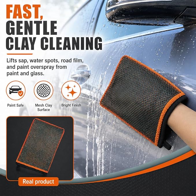 Clay Mitt for Car Detailing, No Scratch Reusable Magic Clay Bar Glove, Microfiber Auto Cleaning Supplies for Removing Debris from Paint, Glass, Wheels, Windshield(Orange)