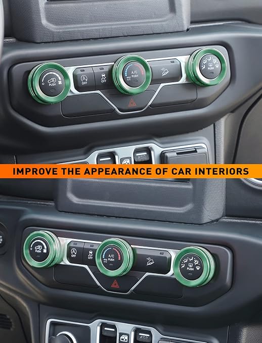 HVAC Climate Control Panel Knob Trim Kit & Light Control Switch Cover, Air Conditioner Knob Aluminum Alloy Ring for 2018-2024 Jeep Wrangler JL JLU & Gladiator JT, Interior Accessories, Green